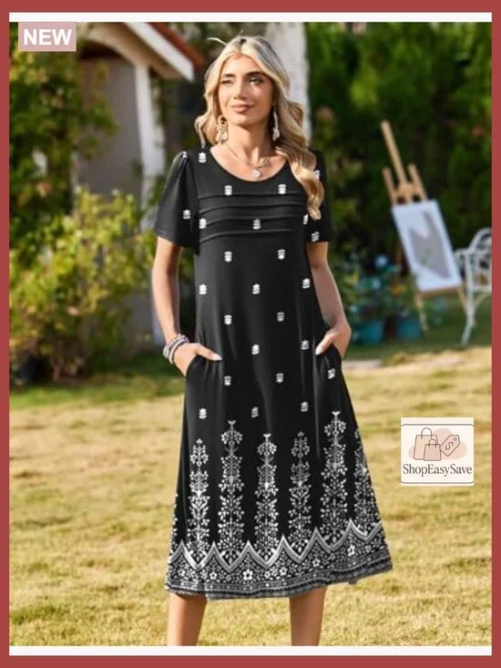 Floral Print Midi Dress Loose Fit Bohemian Casual Summer Beach Sundress with - Picture 2 of 7